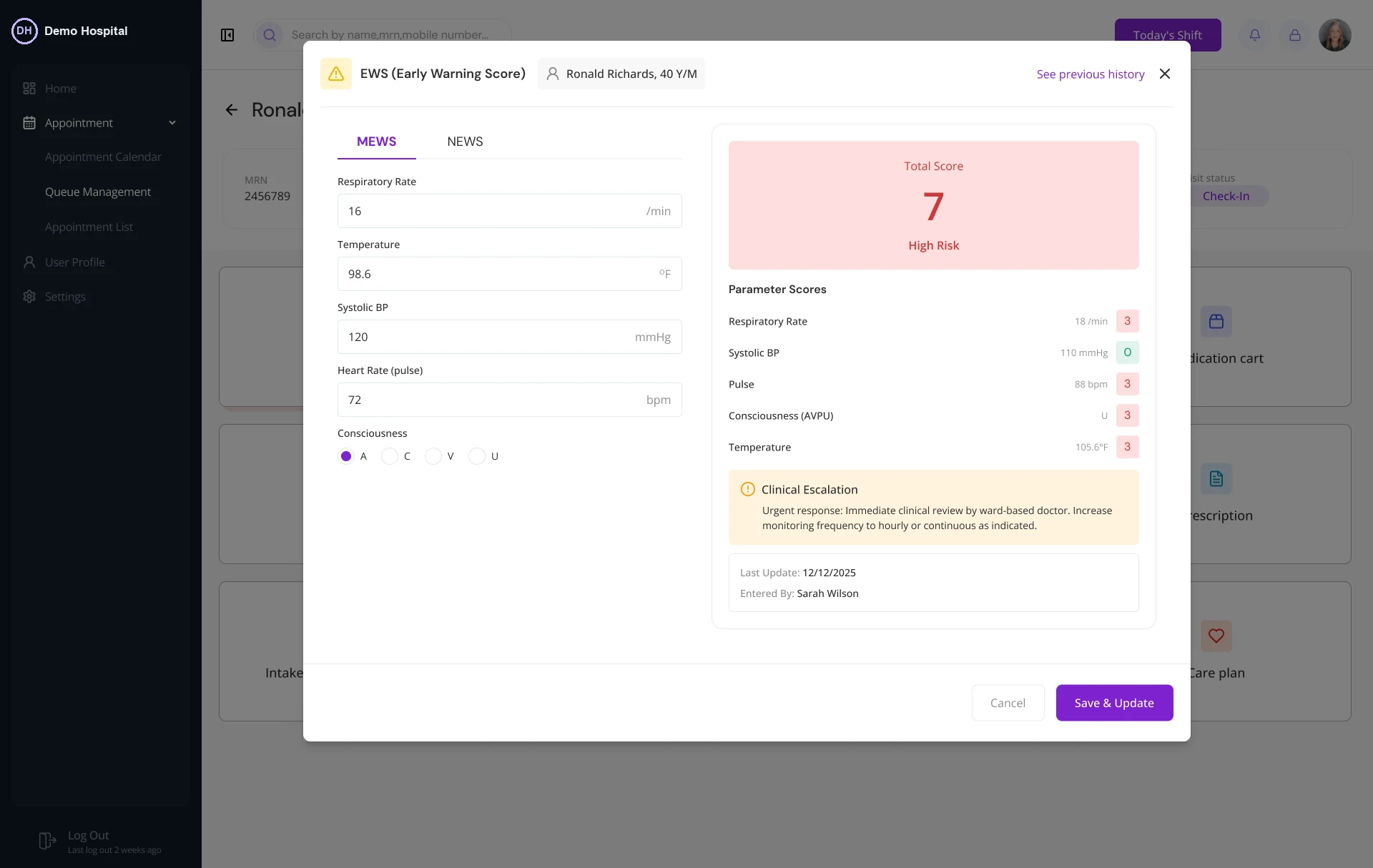 The early warning score screen showing a total score of 7, high risk